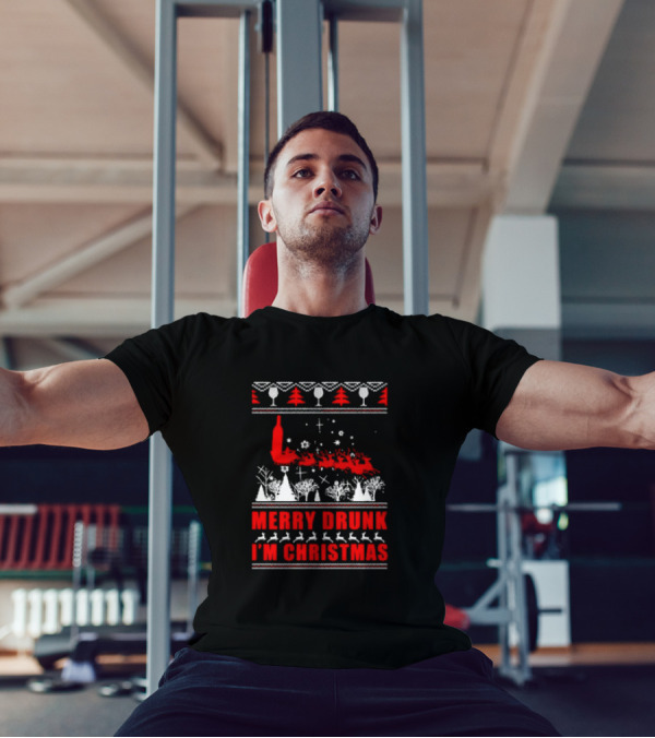 Merry Drunk I'm Christmas Santa Sleigh Red Bottle Trees Wine Glasses T-Shirt