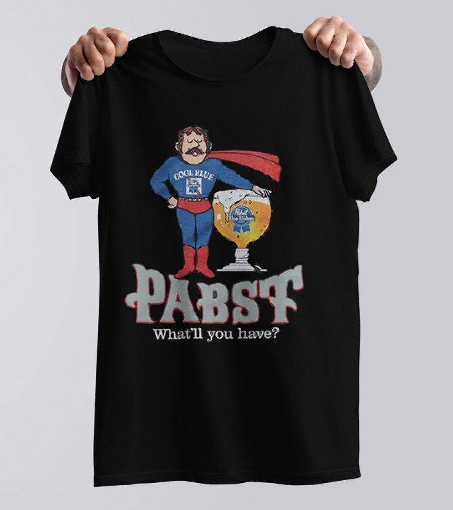 Cool Blue Pabst Superhero With Beer What’ll You Have T-Shirt