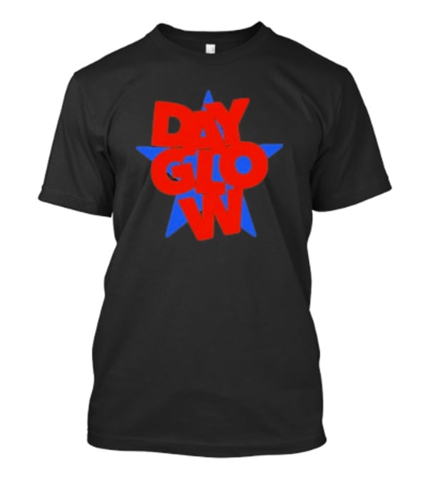 Day Glow Red Blue Star Stacked Black T-Shirt