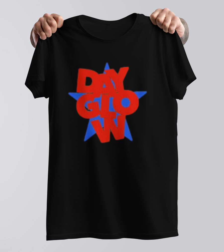 Day Glow Red Blue Star Stacked Black T-Shirt