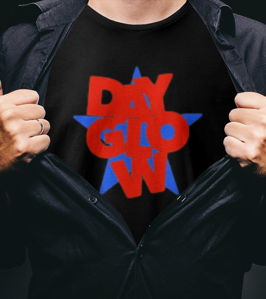Day Glow Red Blue Star Stacked Black T-Shirt