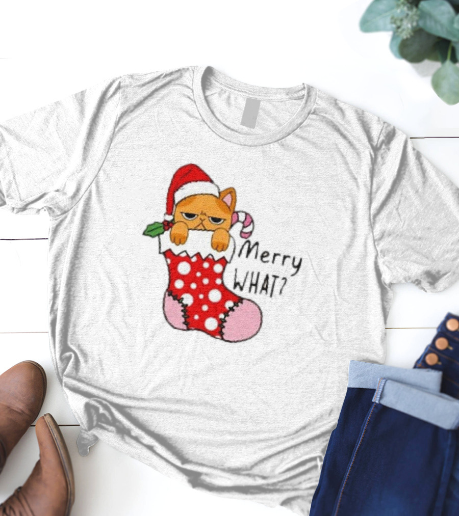 Merry What Cat In Santa Hat Christmas Stocking T-Shirt