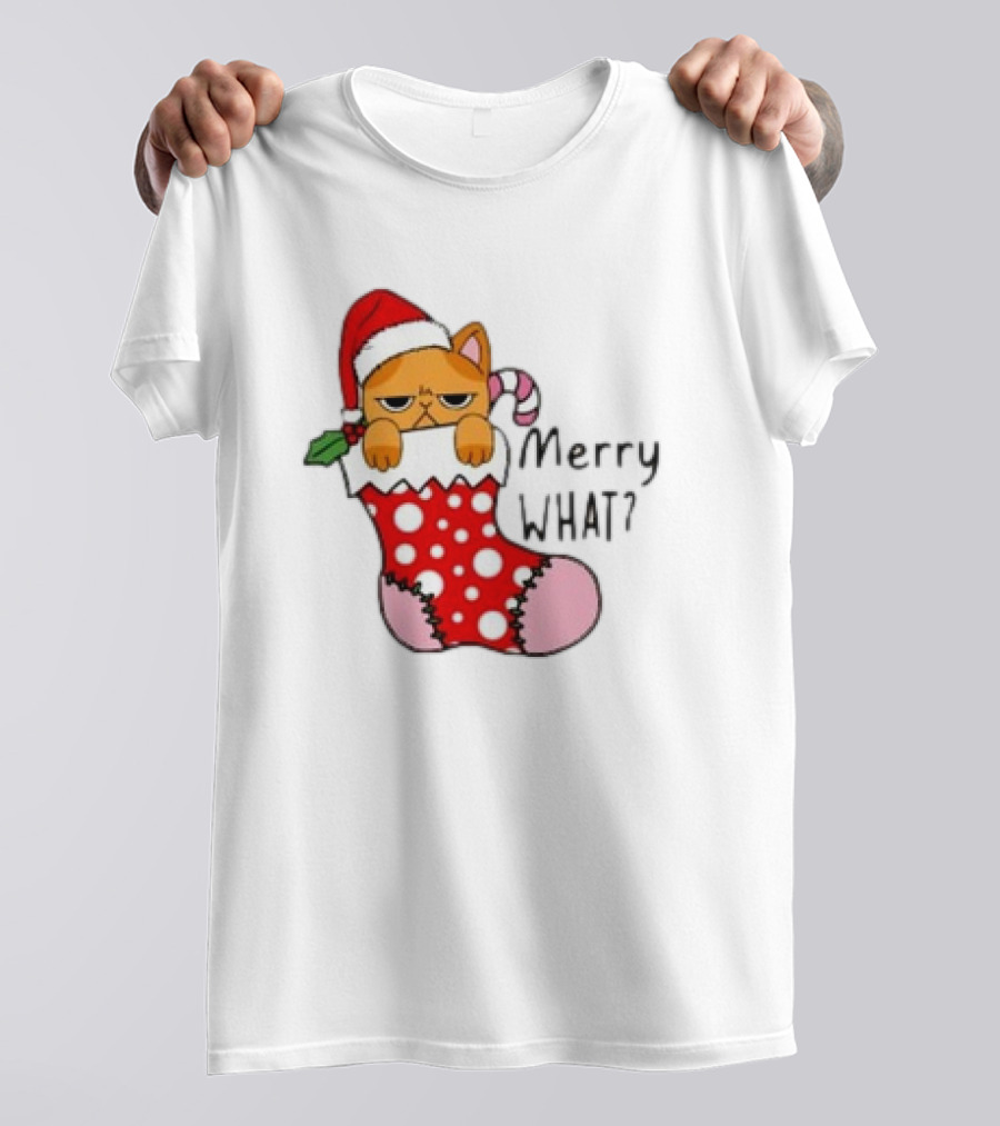 Merry What Cat In Santa Hat Christmas Stocking T-Shirt