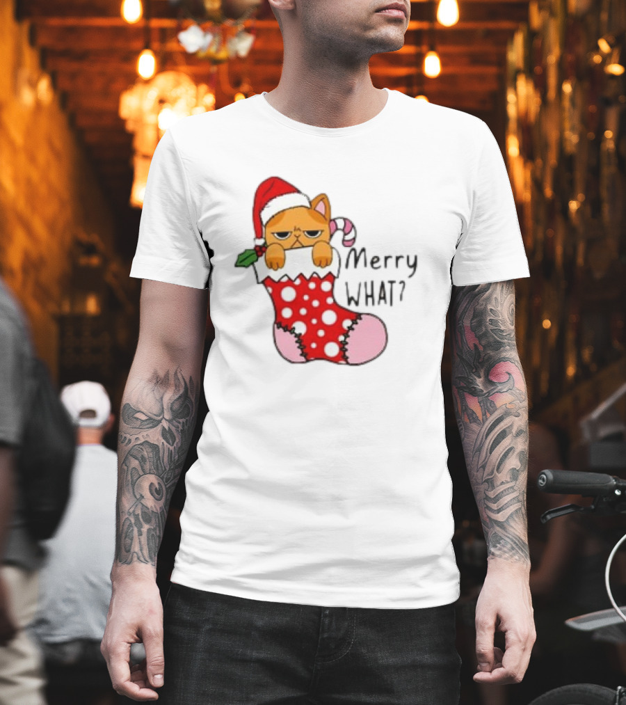 Merry What Cat In Santa Hat Christmas Stocking T-Shirt