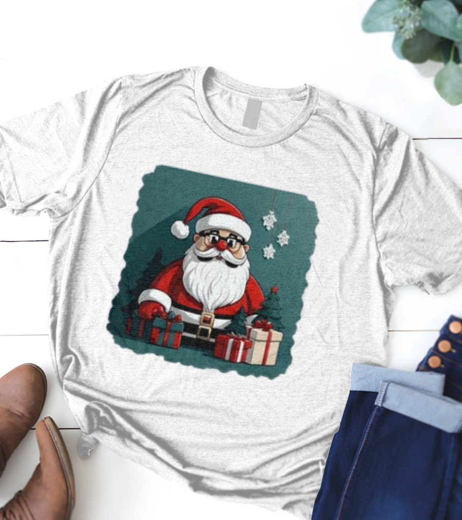 Santa Claus With Snowflakes And Presents Christmas Holiday Scene T-Shirt