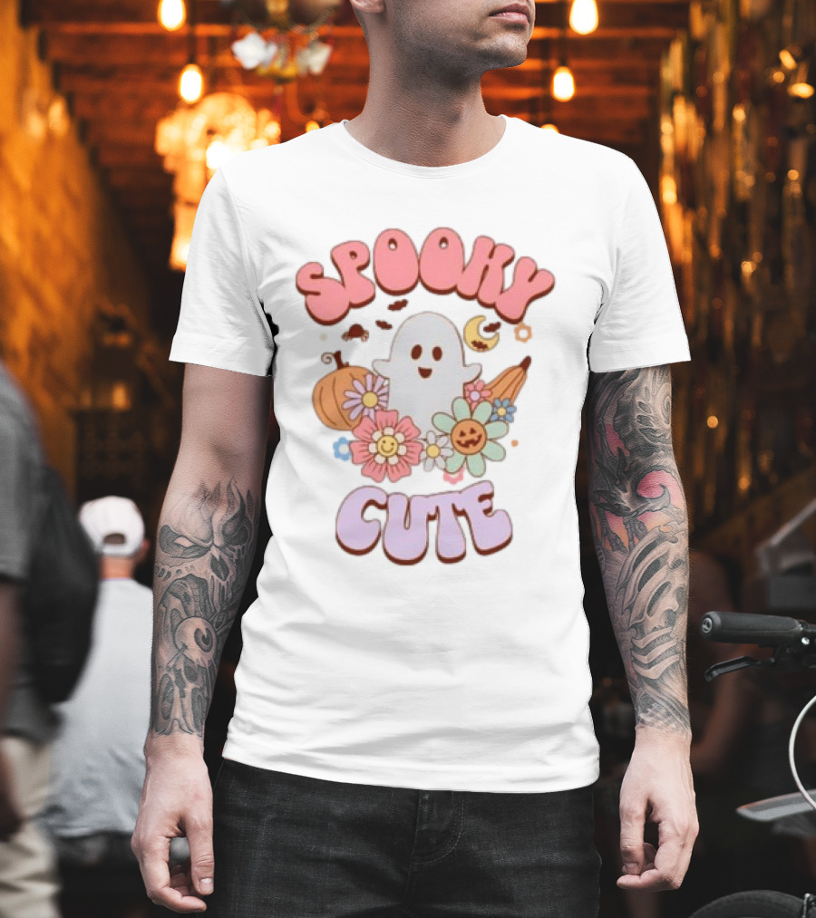 Spooky Cute Ghost With Pumpkins Flowers And Crescent Moon T-Shirt