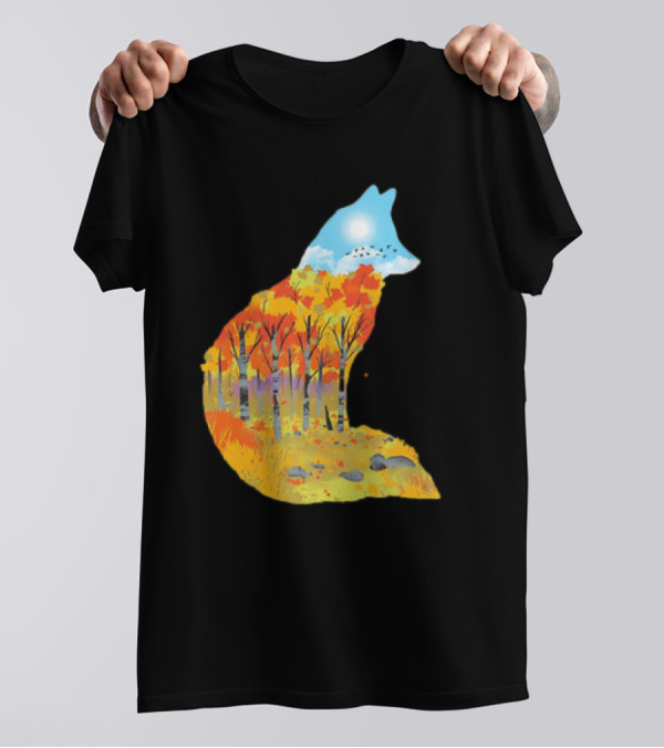 Fox Autumn Forest Landscape With Sun And Birds - I Am The Forest II T-Shirt