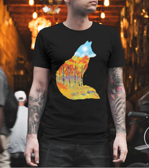 Fox Autumn Forest Landscape With Sun And Birds - I Am The Forest II T-Shirt