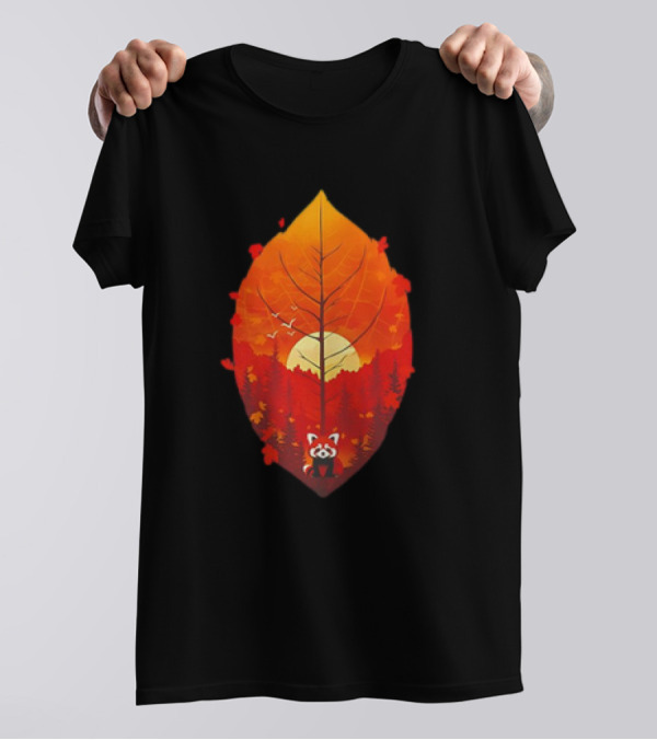 Panda Red Leaf Forest Sunset T-Shirt