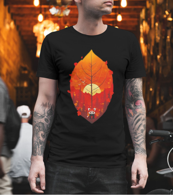 Panda Red Leaf Forest Sunset T-Shirt