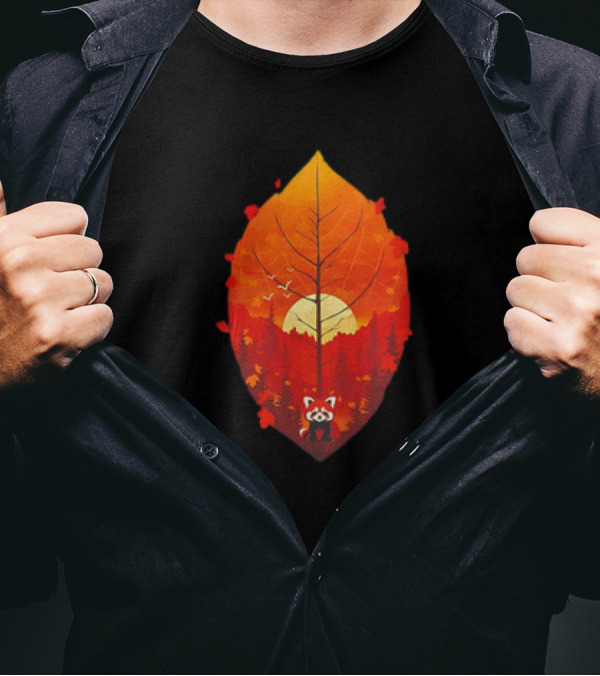 Panda Red Leaf Forest Sunset T-Shirt