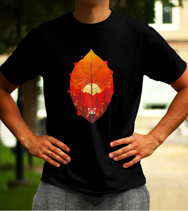 Panda Red Leaf Forest Sunset T-Shirt