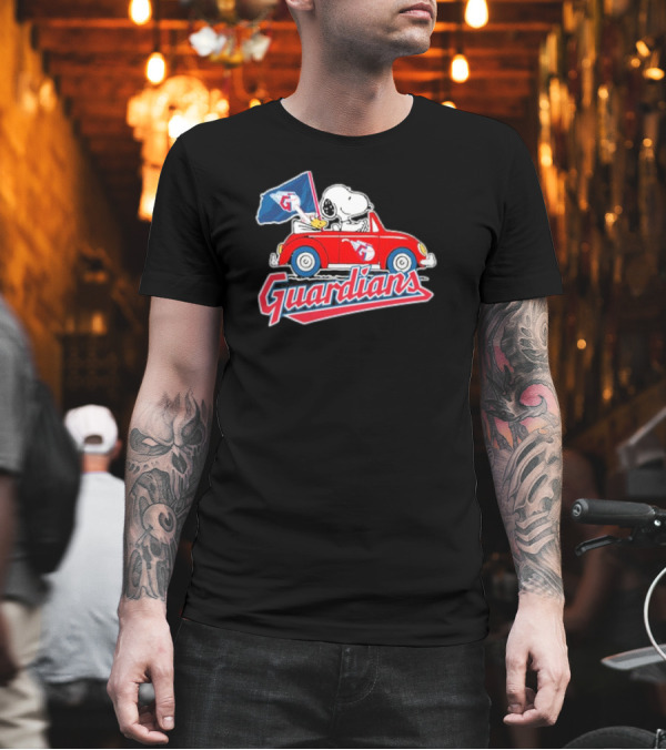 Peanuts Snoopy Woodstock Driving Car Cleveland Guardians Flag T-Shirt