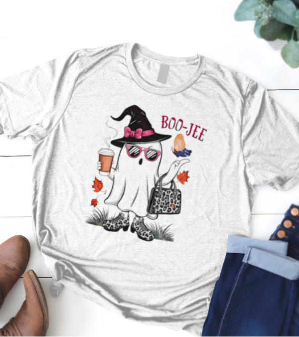 Boo Jee Leopard Ghost Fall Vibes With Hat And Coffee T-Shirt