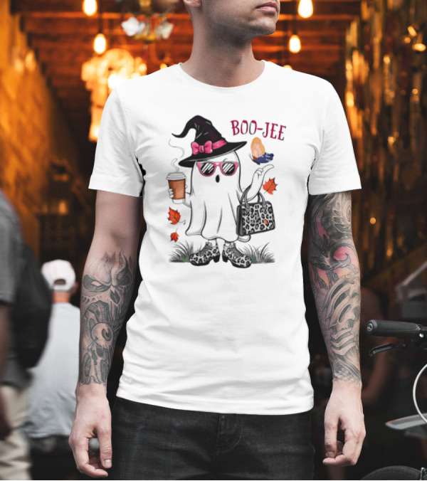 Boo Jee Leopard Ghost Fall Vibes With Hat And Coffee T-Shirt