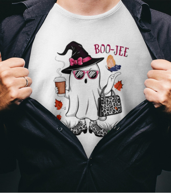 Boo Jee Leopard Ghost Fall Vibes With Hat And Coffee T-Shirt