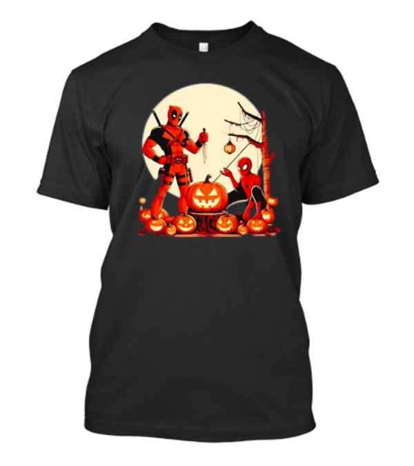 Deadpool And Spiderman Retro Halloween Pumpkins Moon Scene T-Shirt