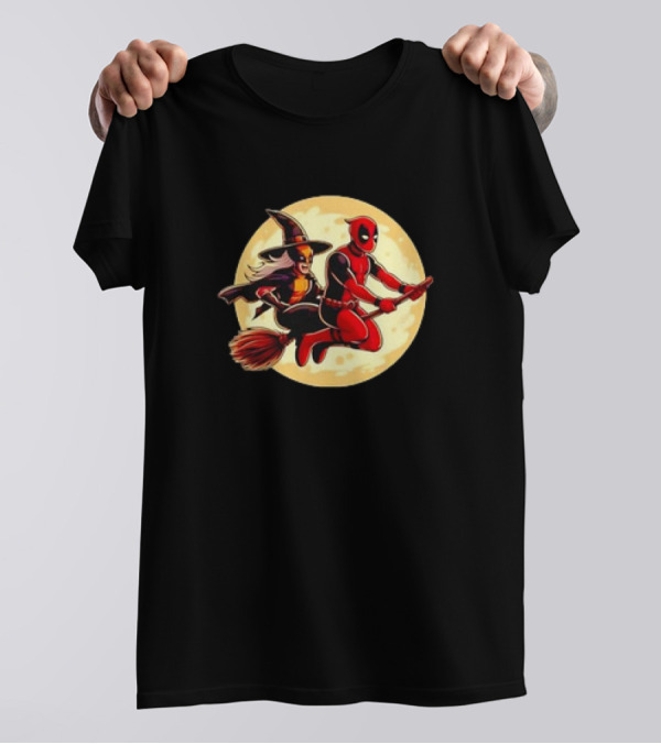 Deadpool And Wolverine Halloween Retro Moon Broom Ride T-Shirt