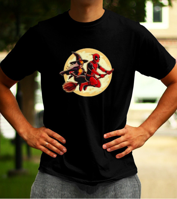 Deadpool And Wolverine Halloween Retro Moon Broom Ride T-Shirt