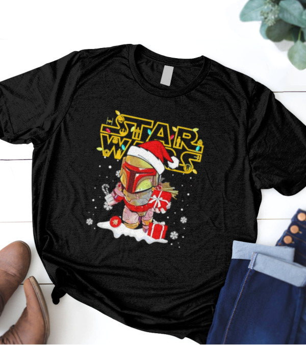 Disneyland Star Wars Boba Fett Christmas Santa Hat And Gifts Snowflakes T-Shirt