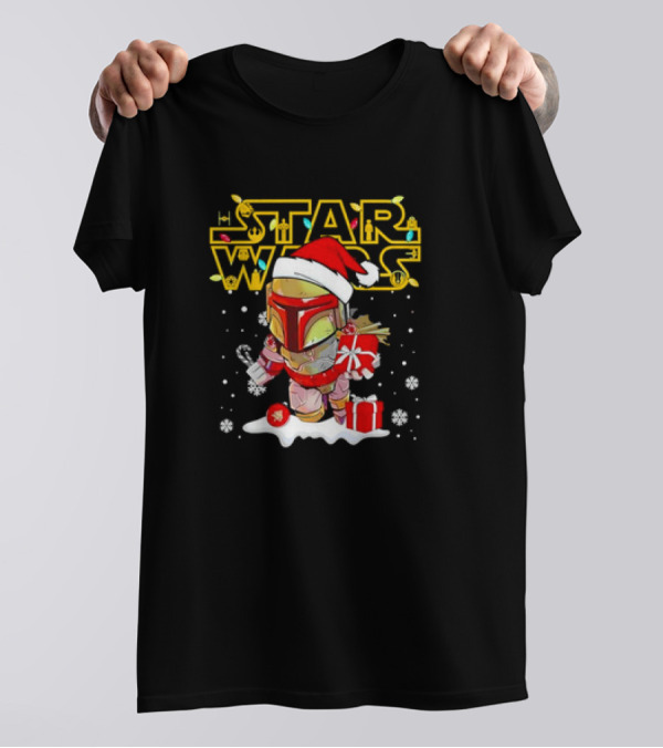 Disneyland Star Wars Boba Fett Christmas Santa Hat And Gifts Snowflakes T-Shirt