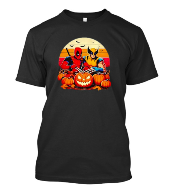 Deadpool And Wolverine Carving Pumpkins Retro Halloween Scene T-Shirt