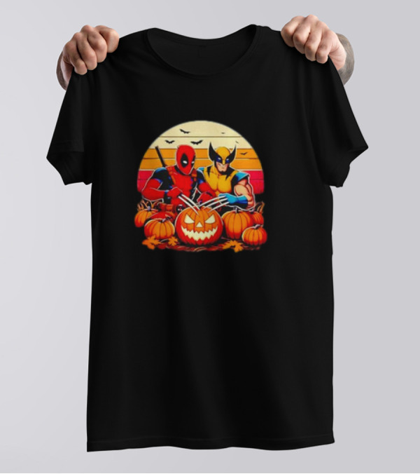 Deadpool And Wolverine Carving Pumpkins Retro Halloween Scene T-Shirt