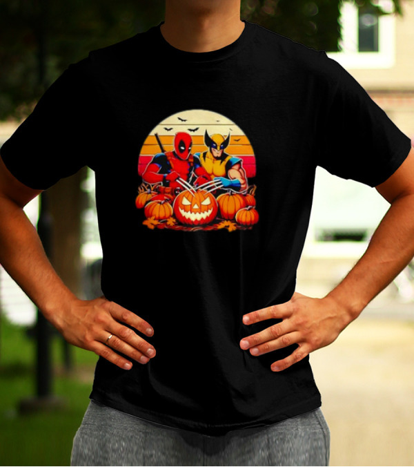 Deadpool And Wolverine Carving Pumpkins Retro Halloween Scene T-Shirt