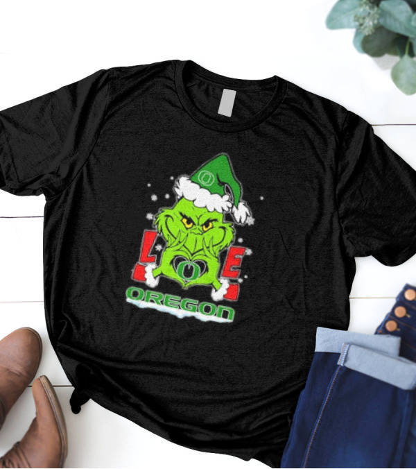 Grinch Hand Love Oregon Ducks Christmas Santa Hat Snowflakes T-Shirt