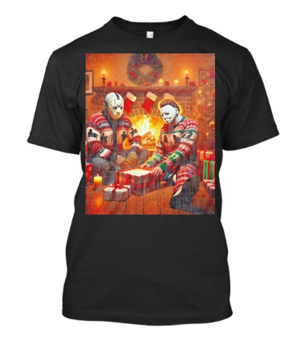 Jason Voorhees And Michael Myers Cozy Christmas By The Fireplace T-Shirt