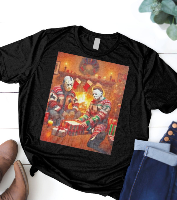 Jason Voorhees And Michael Myers Cozy Christmas By The Fireplace T-Shirt
