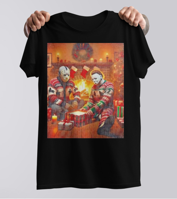 Jason Voorhees And Michael Myers Cozy Christmas By The Fireplace T-Shirt