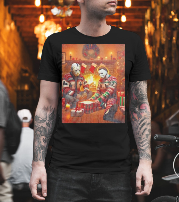 Jason Voorhees And Michael Myers Cozy Christmas By The Fireplace T-Shirt