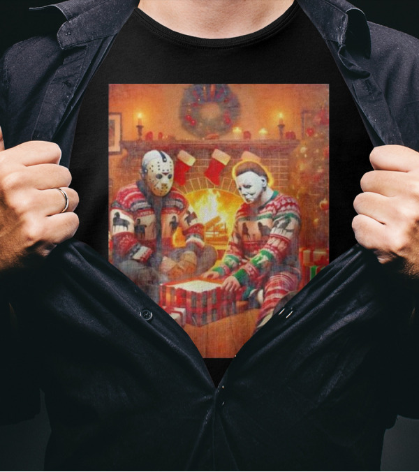 Jason Voorhees And Michael Myers Cozy Christmas By The Fireplace T-Shirt