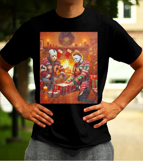 Jason Voorhees And Michael Myers Cozy Christmas By The Fireplace T-Shirt