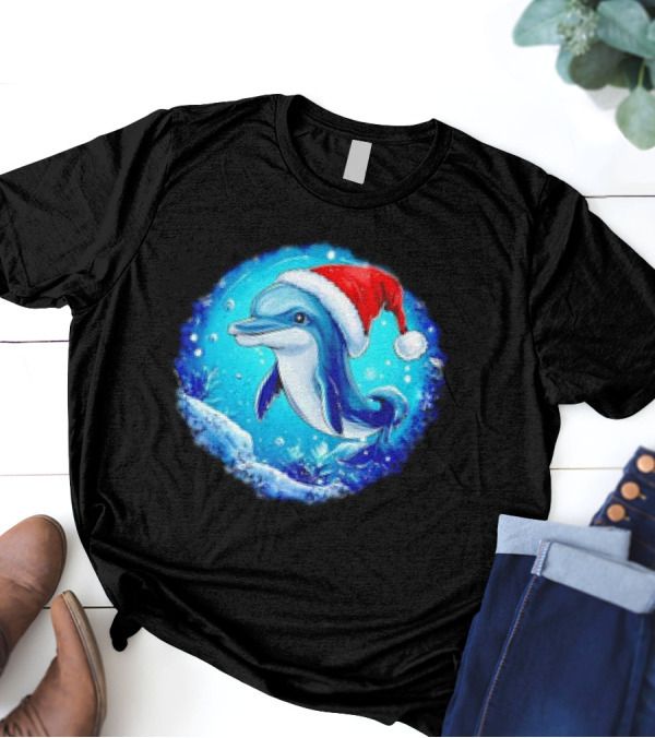 Dolphins Christmas Cute Santa Hat Snowflakes T-Shirt