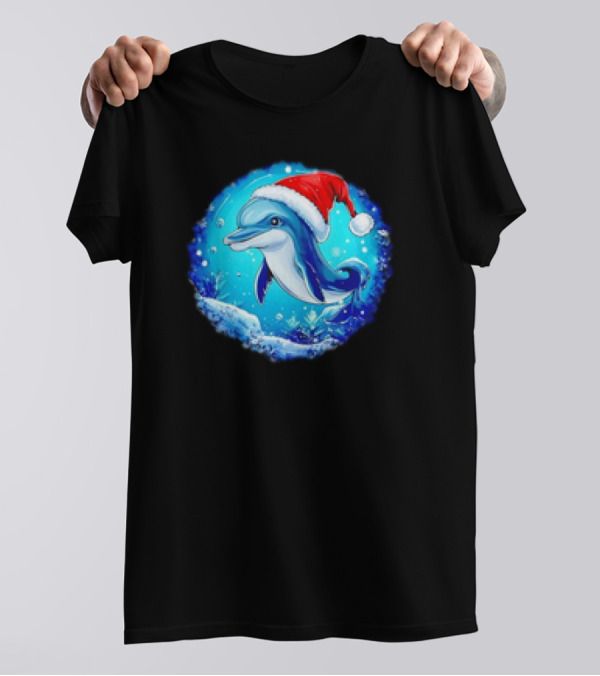 Dolphins Christmas Cute Santa Hat Snowflakes T-Shirt