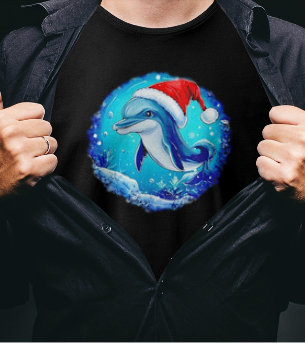 Dolphins Christmas Cute Santa Hat Snowflakes T-Shirt