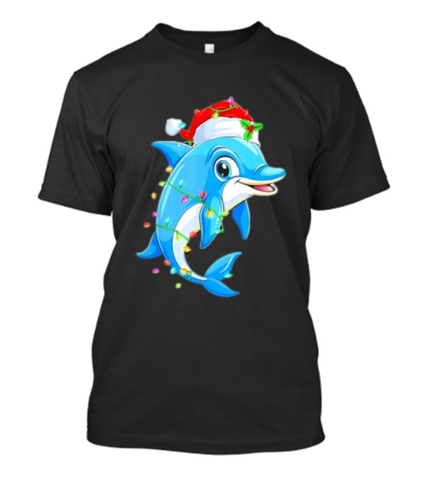 Dolphin In Santa Hat Wrapped In Christmas Tree Lights Pajamas T-Shirt