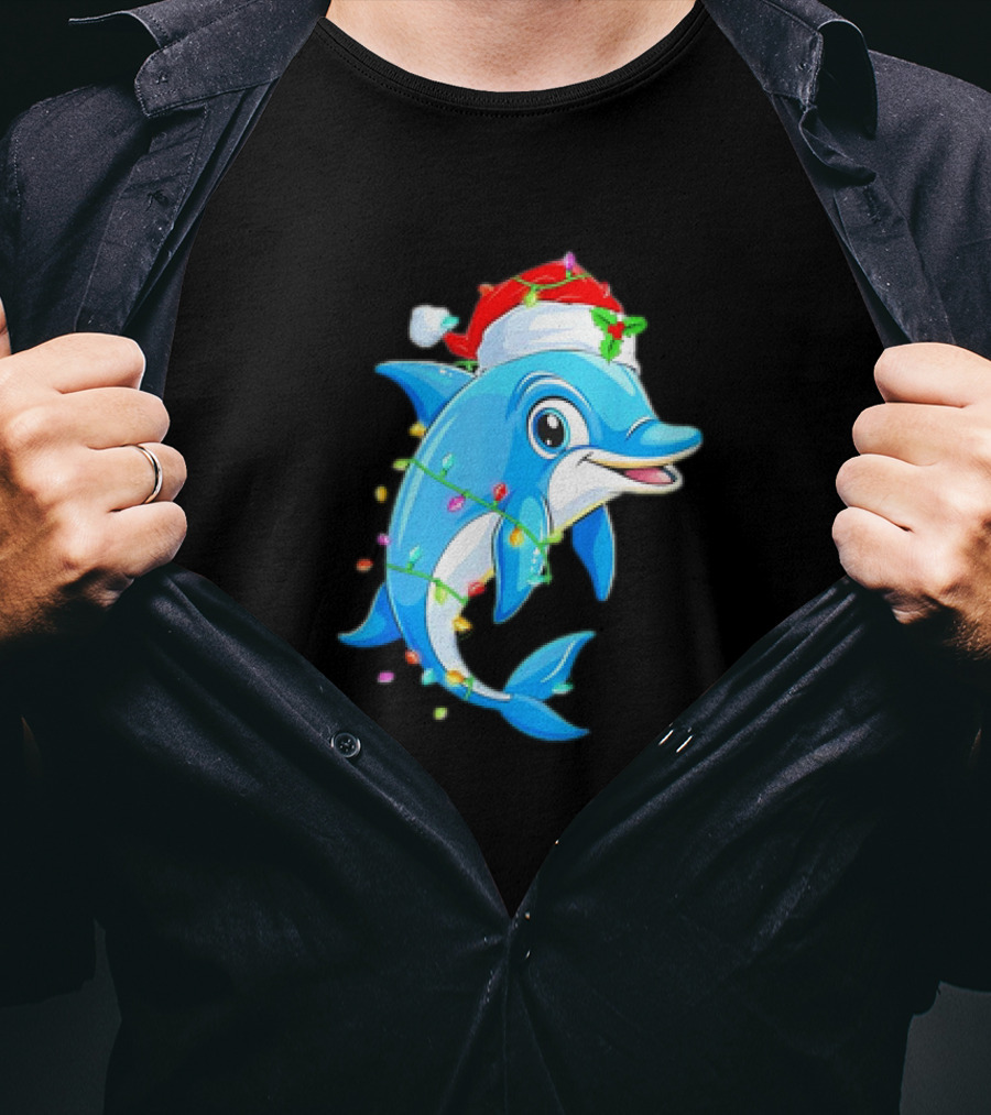 Dolphin In Santa Hat Wrapped In Christmas Tree Lights Pajamas T-Shirt