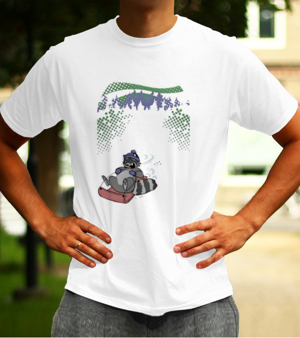 Raccoon Sledding In Winter Forest Scene With Evergreen Trees And Snowflakes T-Shirt