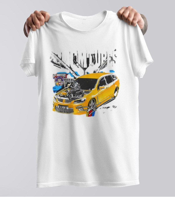 50th Anniversary Boom Tubes Racing Yellow Car Engine Performance T-Shirt