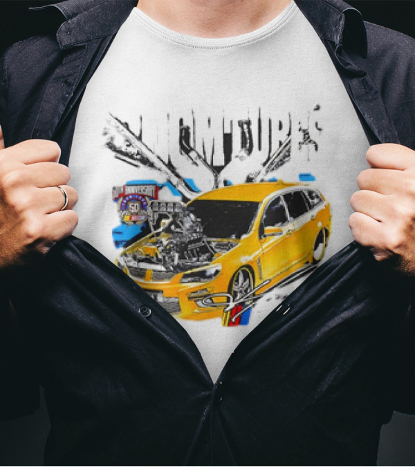 50th Anniversary Boom Tubes Racing Yellow Car Engine Performance T-Shirt