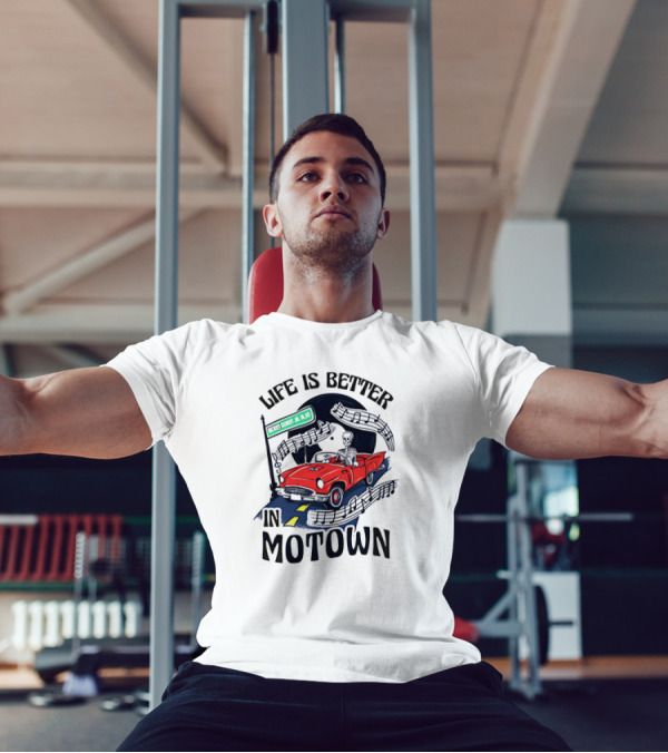 Life Is Better In Motown Skeleton Driver In Red Convertible With Musical Notes T-Shirt