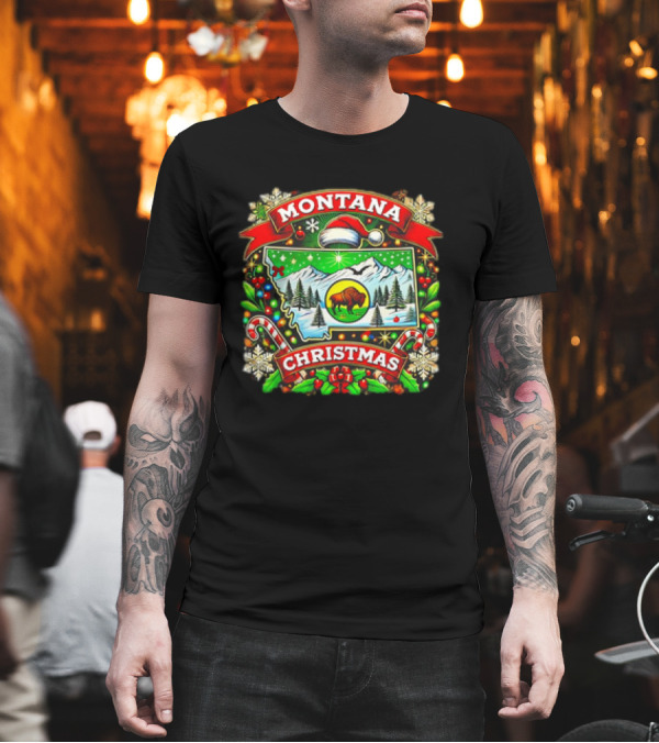 Montana Christmas Snowy Mountains And Buffalo Holiday Festive T-Shirt