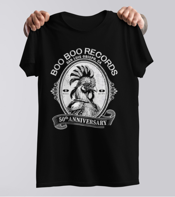 Boo Boo Records San Luis Obispo CA 50th Anniversary Est 1974 Rooster Emblem T-Shirt
