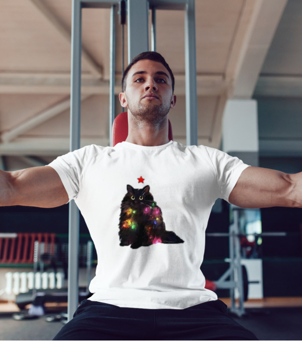 Black Cat Wrapped In Colorful Christmas Lights With Red Star T-Shirt
