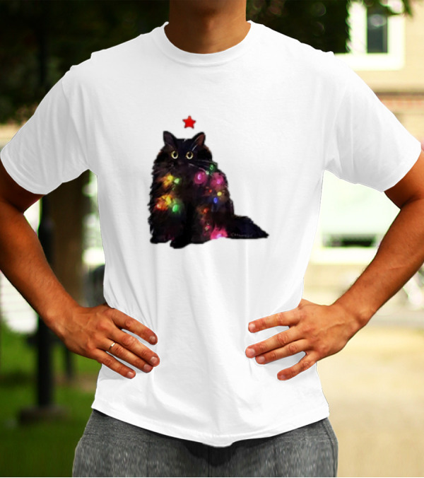 Black Cat Wrapped In Colorful Christmas Lights With Red Star T-Shirt