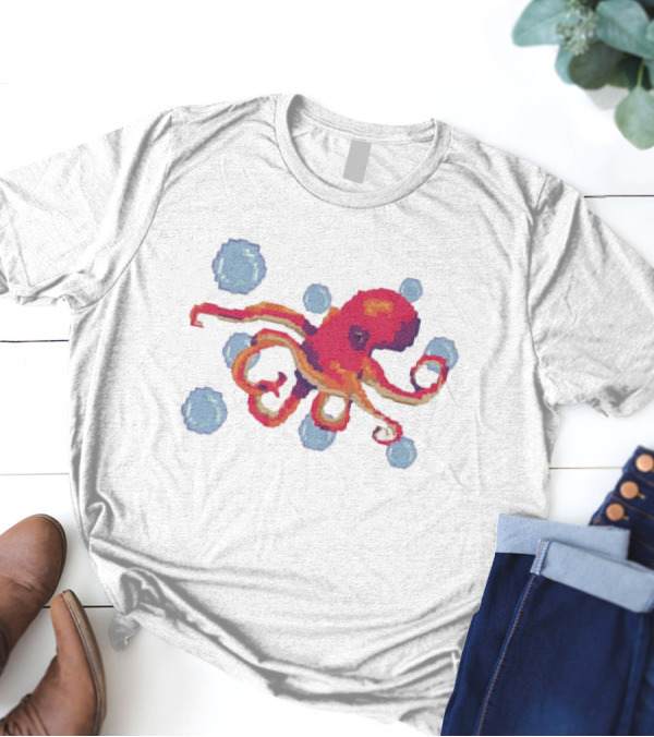 Octopus Swimming Through Blue Bubbles Pixel T-Shirt