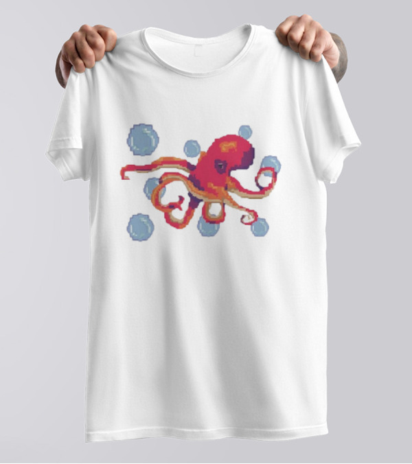 Octopus Swimming Through Blue Bubbles Pixel T-Shirt